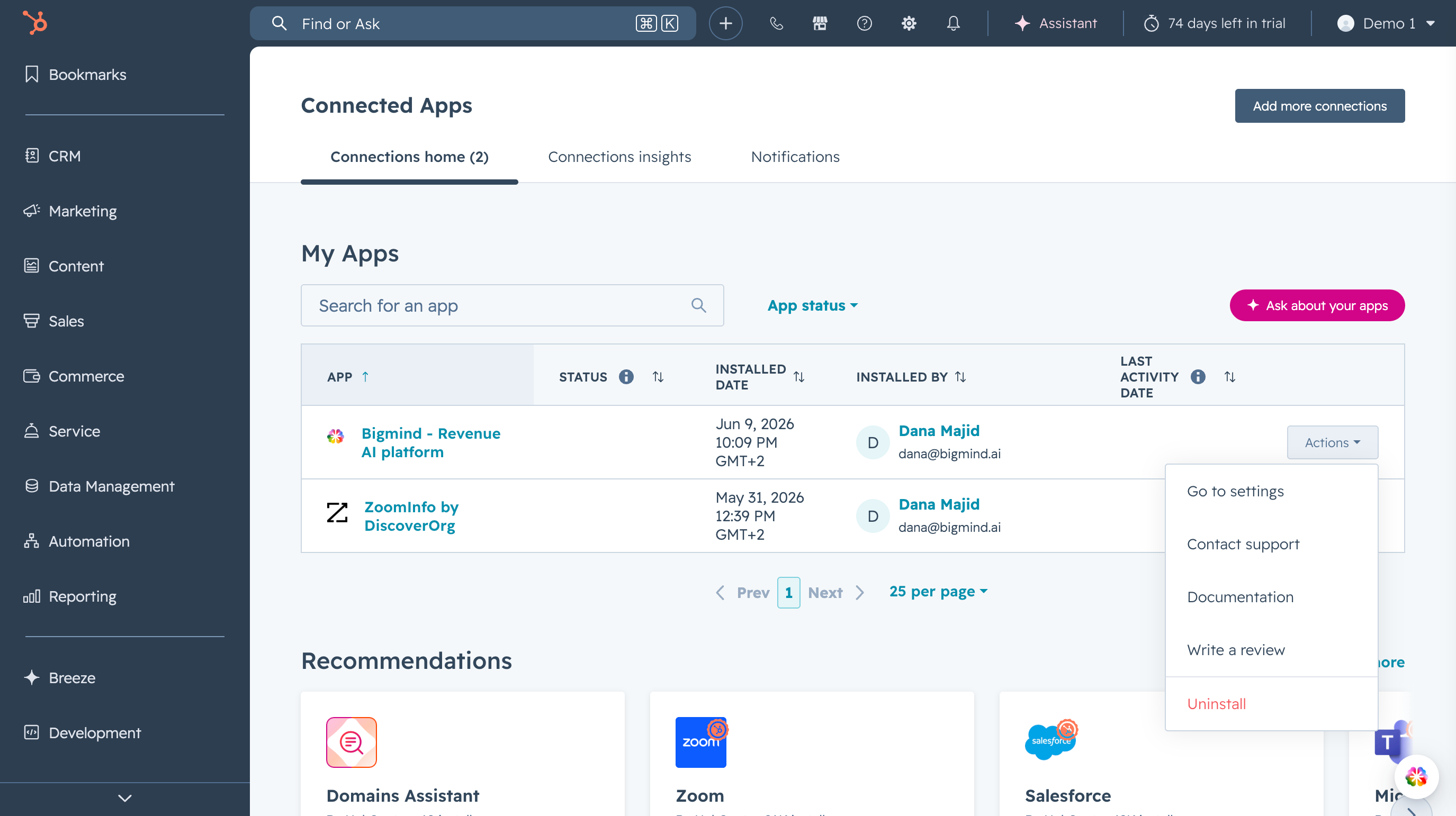 Gekoppelde apps beheren in HubSpot