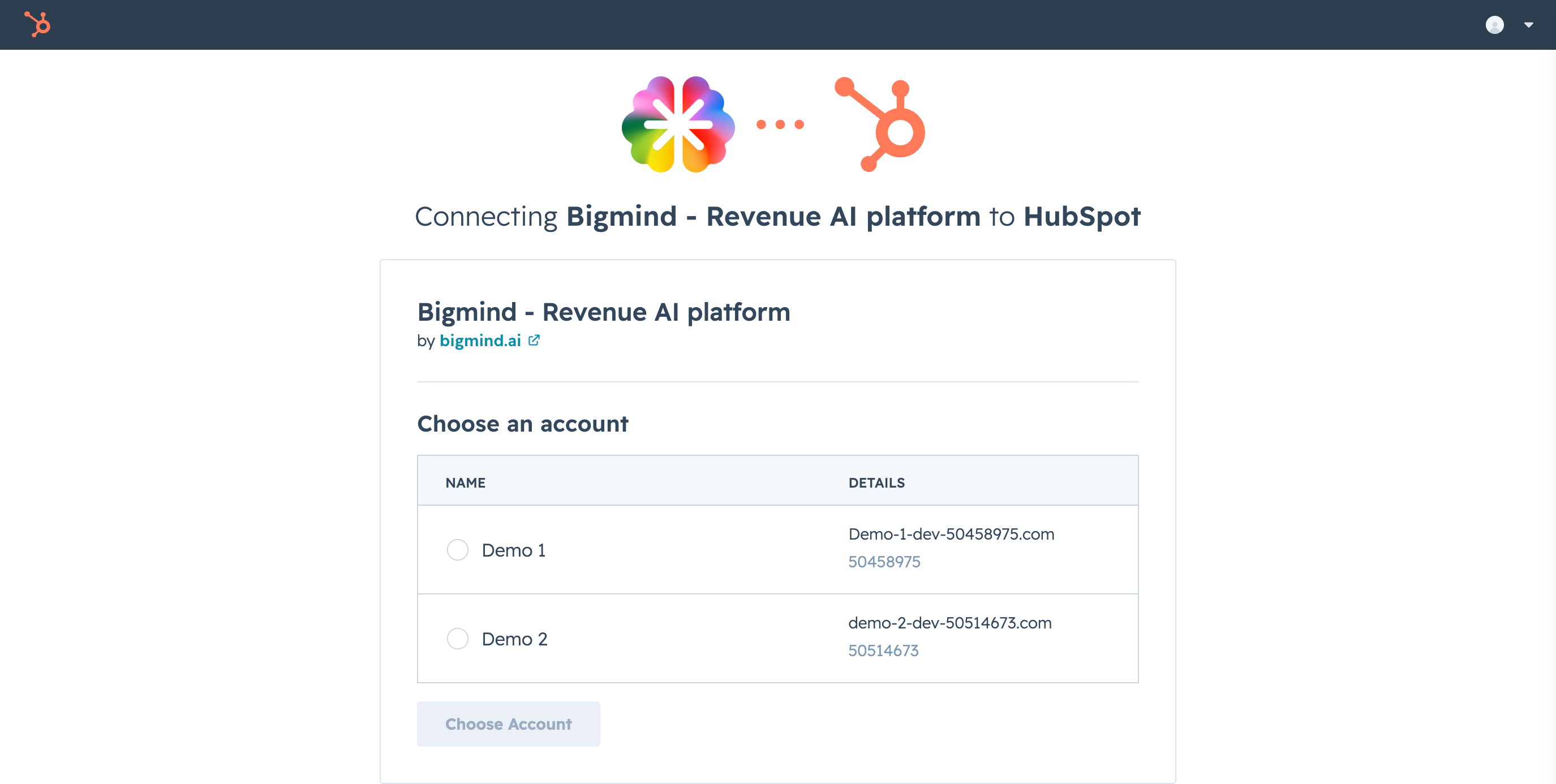 Selecteer het HubSpot-account om te koppelen