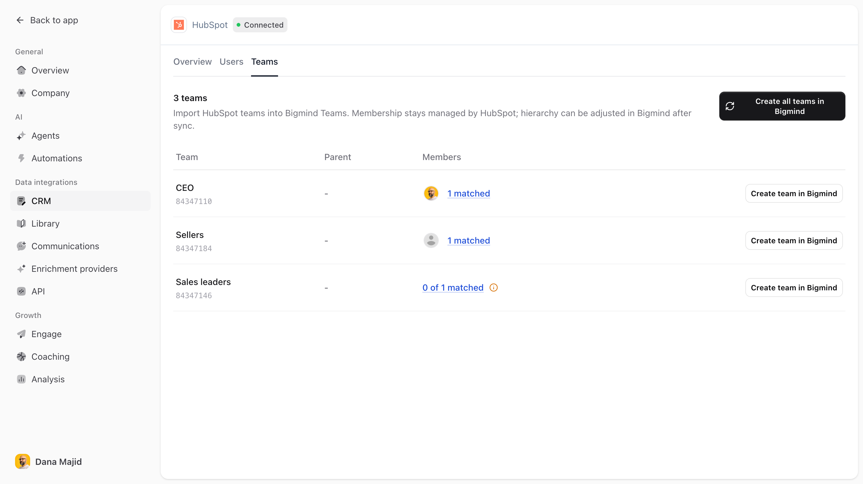 HubSpot-teams maken in Bigmind