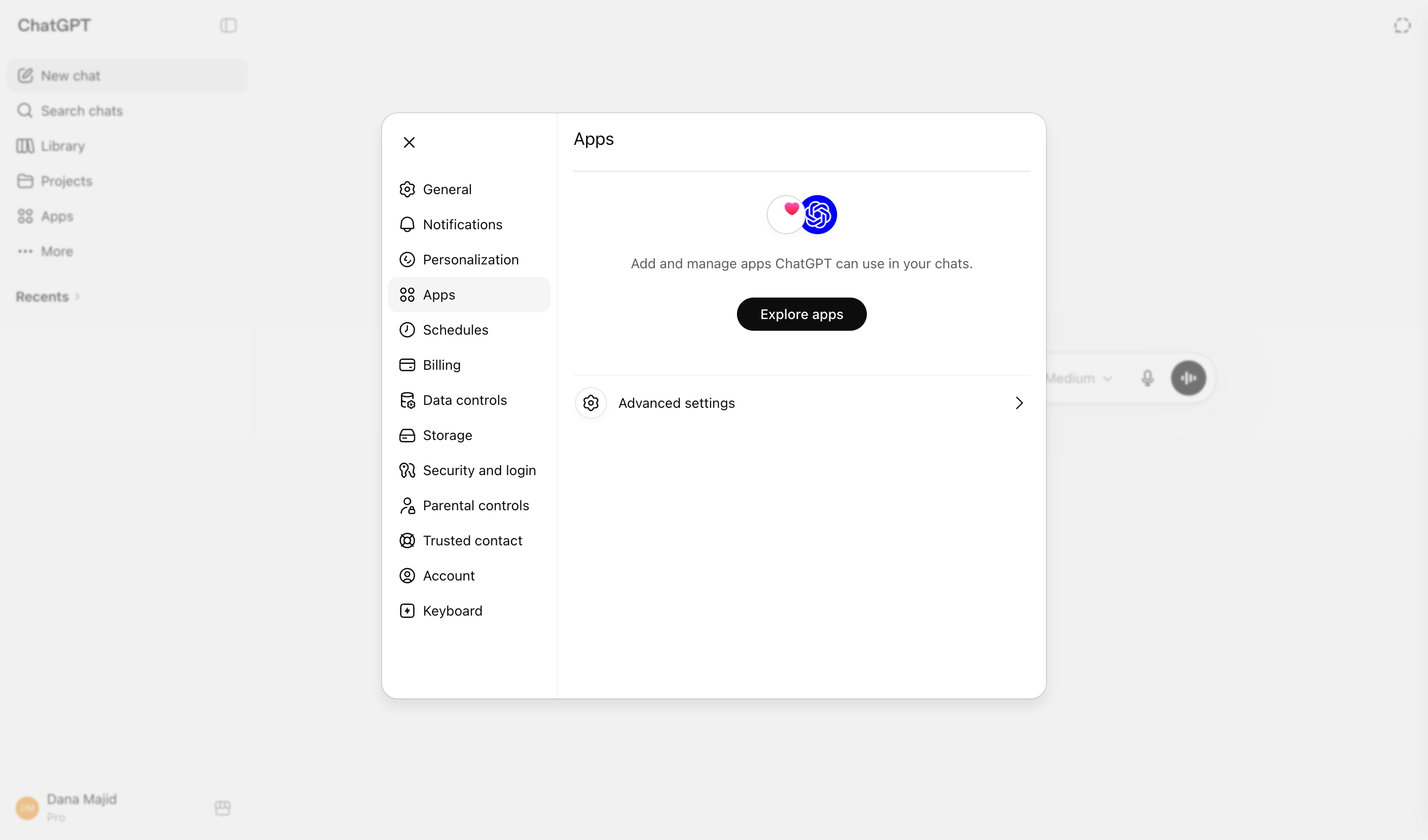 Open ChatGPT apps settings