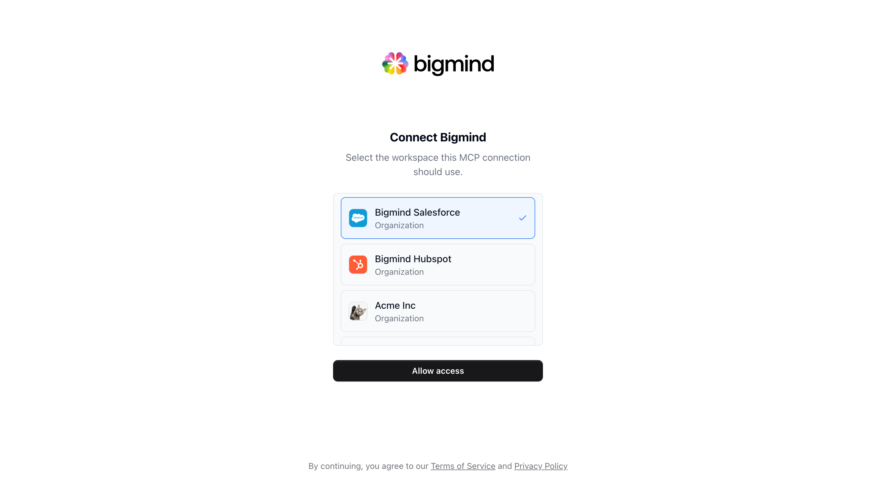 Pick a ChatGPT organization for the Bigmind connector