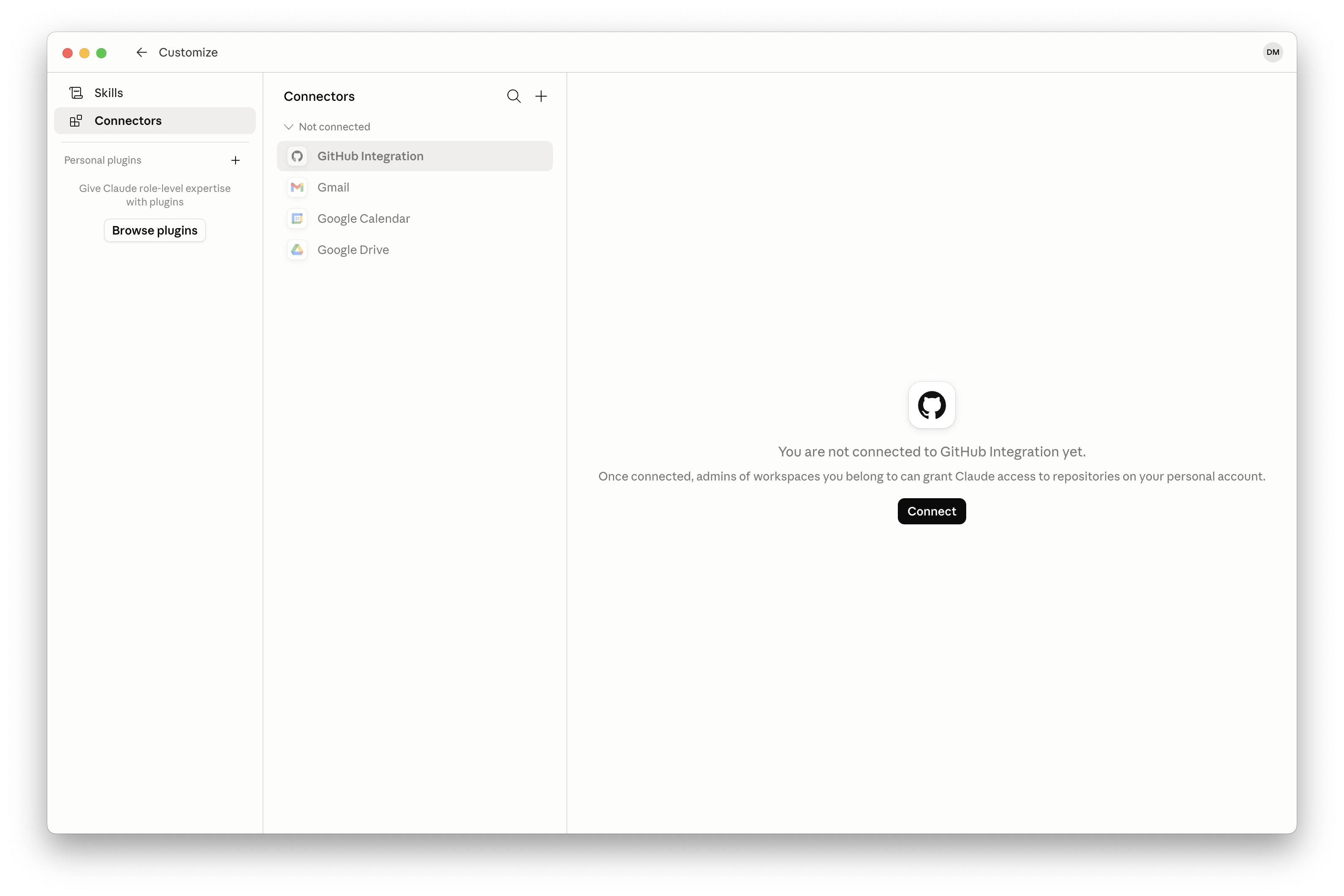 Open Claude Customize and Connectors settings