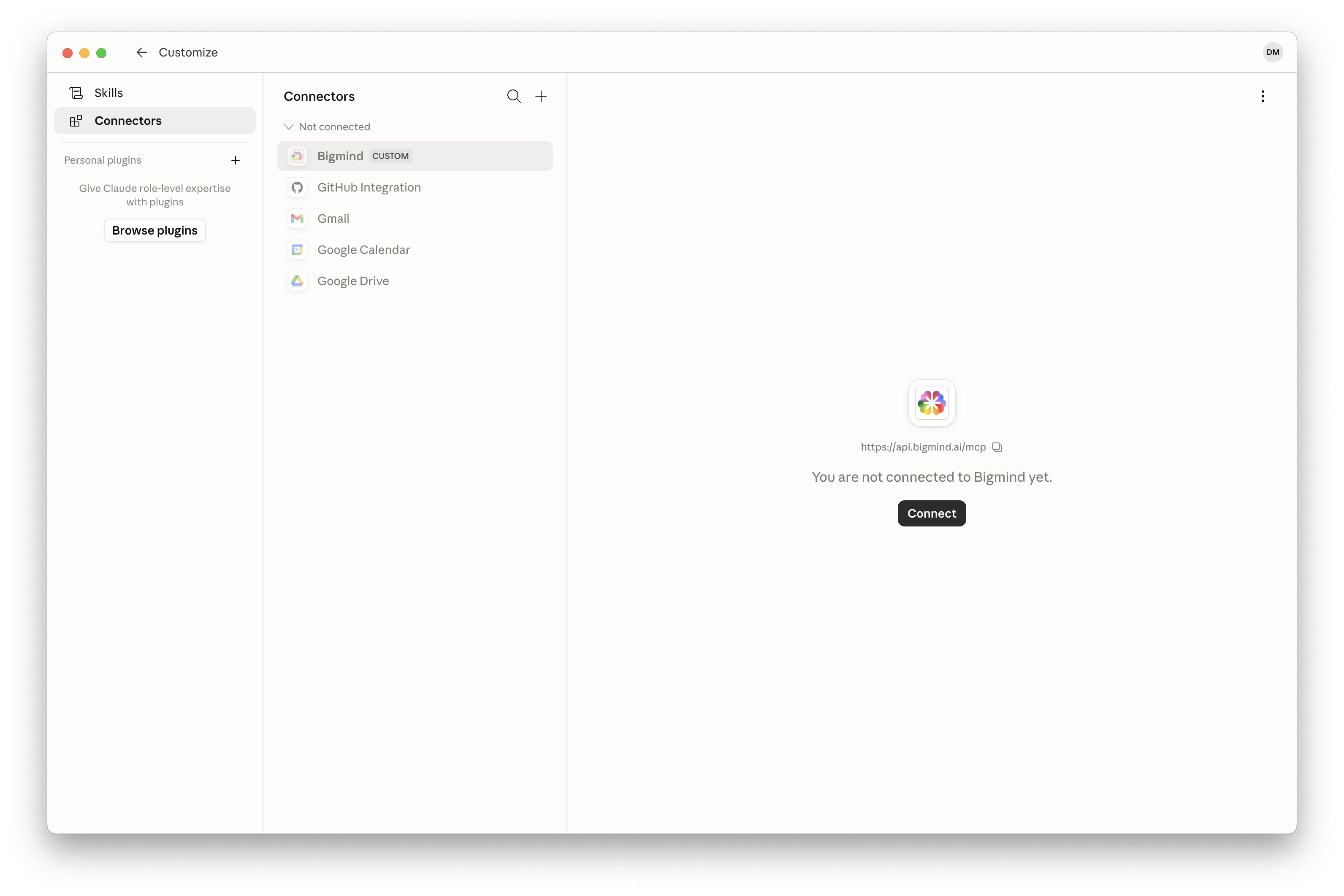 Connect the Bigmind custom connector in Claude