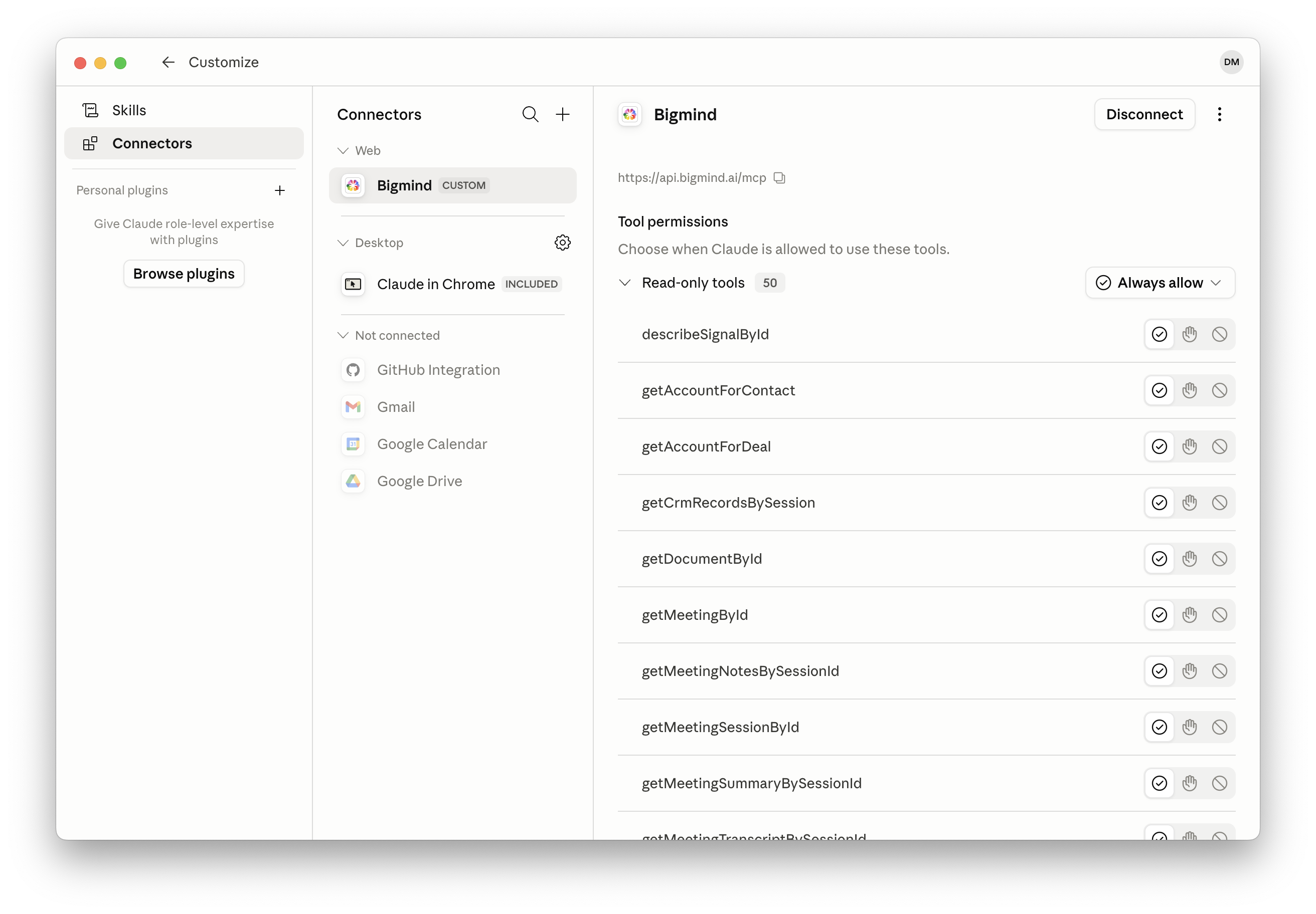 Allow Bigmind read-only tools in Claude